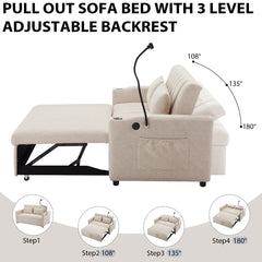 Bellemave® 55.9" Convertible Sofa Bed with Three USB Ports, Two Side Pockets, Two Cup Holders and 360°Swivel Phone Holder - Bellemave