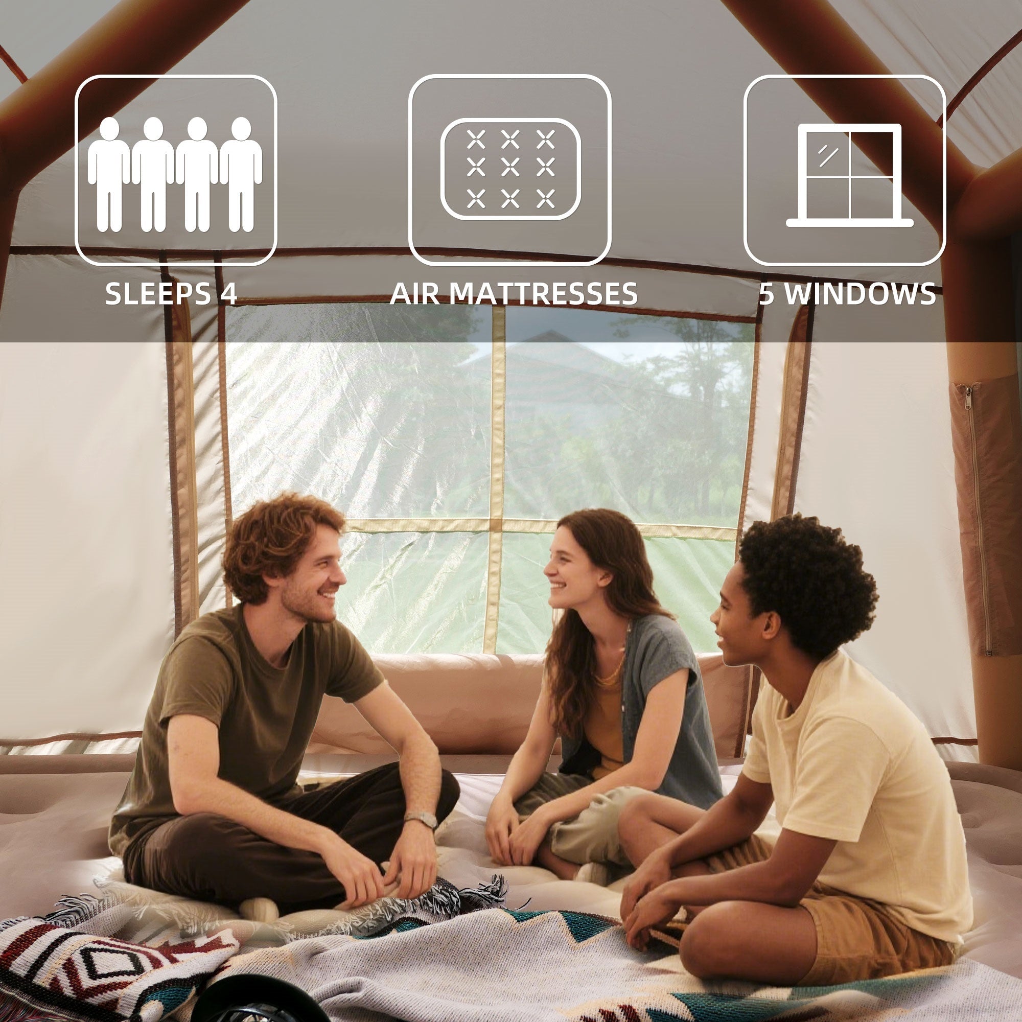 Bellemave® 5.72m ² Inflatable Camping Tent, Easy Setup, Windproof Outdoor Cotton Tent with Stove Jack & Mesh Windows & Pump - Bellemave