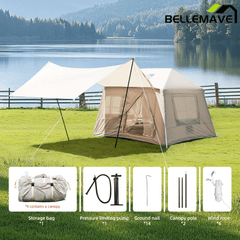 Bellemave® 5.72m ² Inflatable Camping Tent, Easy Setup, Windproof Outdoor Cotton Tent with Stove Jack & Mesh Windows & Pump - Bellemave