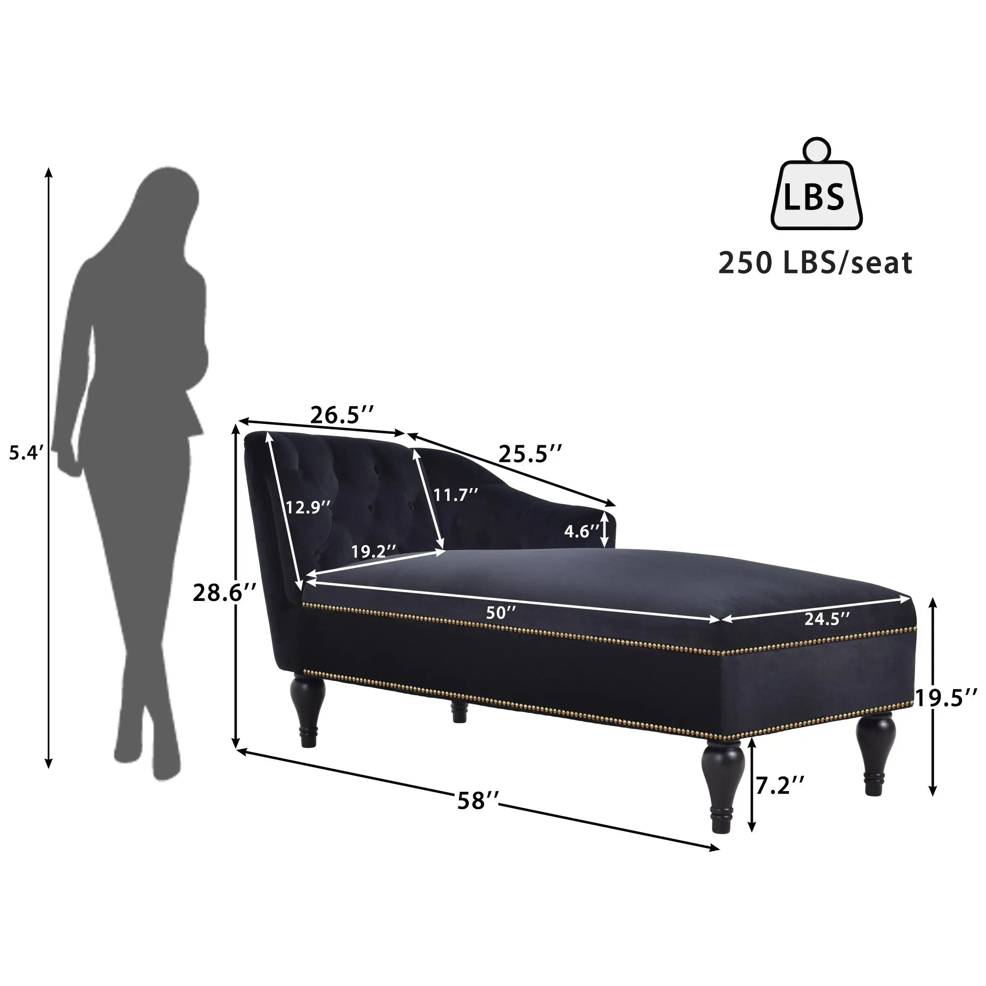 Bellemave® 58" Velvet Chaise Lounge,Button Tufted Right Arm Facing Lounge Chair with Nailhead Trim & Solid Wood Legs - Bellemave