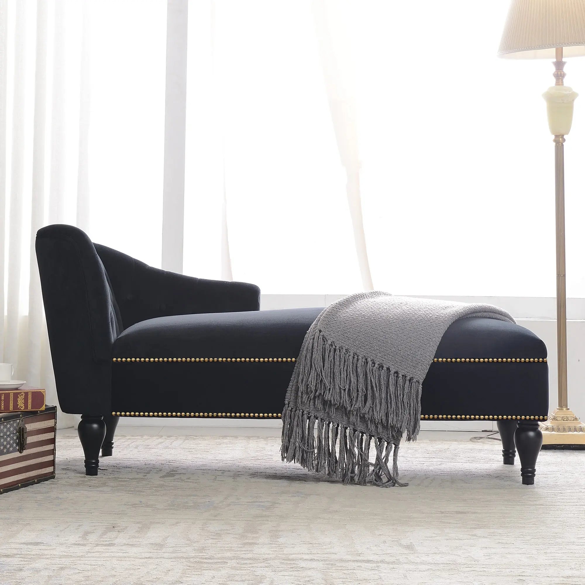 Bellemave® 58" Velvet Chaise Lounge,Button Tufted Right Arm Facing Lounge Chair with Nailhead Trim & Solid Wood Legs - Bellemave