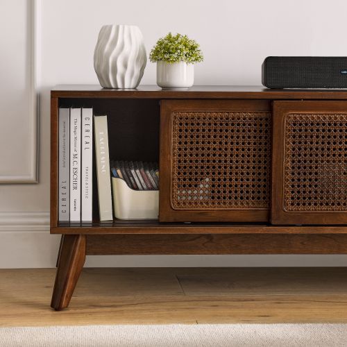 Bellemave® 59" Mid Century Modern Rattan TV Stand with Solid Wood Feet & Rattan Cabinet Doors - Bellemave