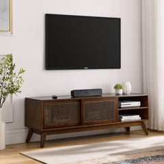 Bellemave® 59" Mid Century Modern Rattan TV Stand with Solid Wood Feet & Rattan Cabinet Doors - Bellemave