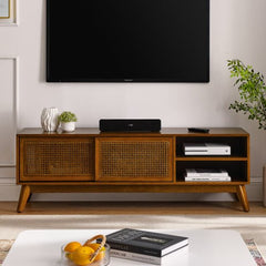 Bellemave® 59" Mid Century Modern Rattan TV Stand with Solid Wood Feet & Rattan Cabinet Doors - Bellemave