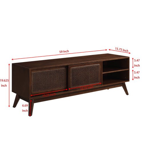 Bellemave® 59" Mid Century Modern Rattan TV Stand with Solid Wood Feet & Rattan Cabinet Doors - Bellemave
