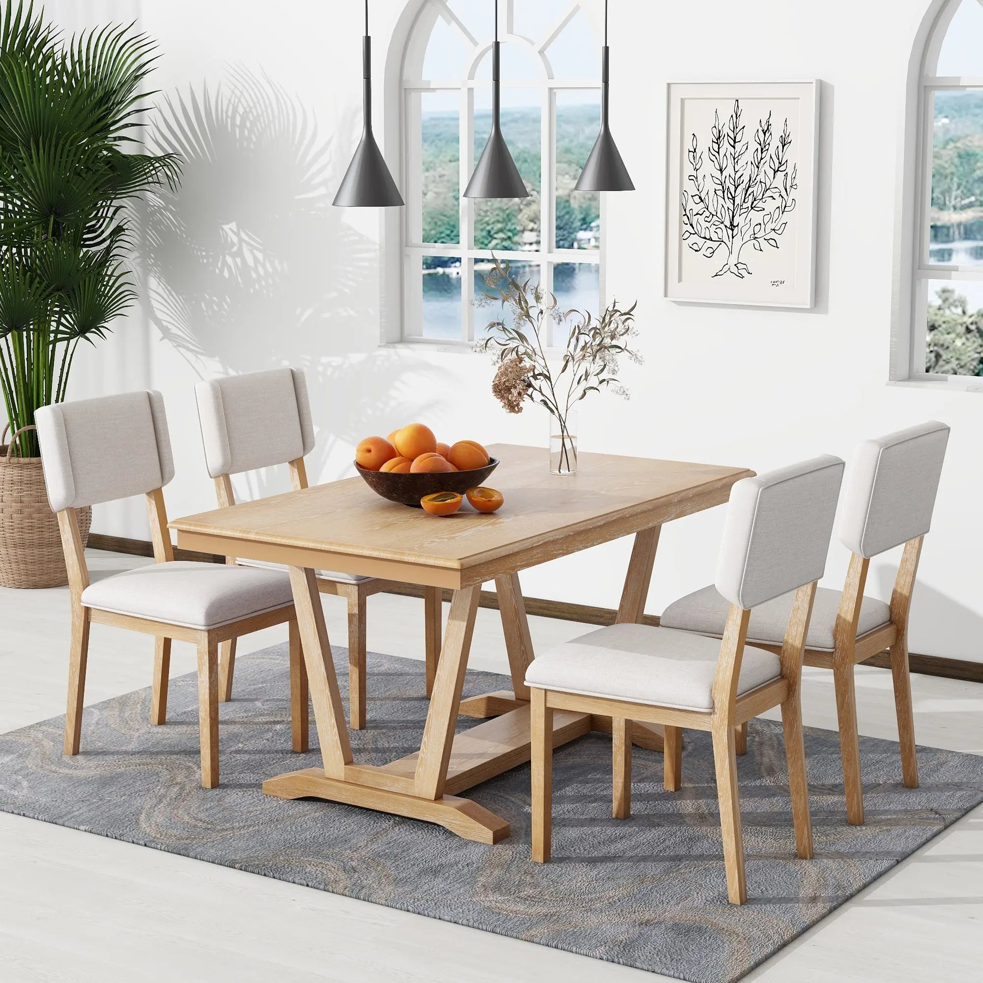 Bellemave® 59" Rustic 5 - piece Dining Table Set with 4 Upholstered Chairs - Bellemave