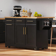 Bellemave® 59.3" Kitchen Island with Storage 2 Pull Out Cabinet Organizers & Rubber Wood Drop Leaf, Trash Can Storage, Power Outlet, Spice & Towel Rack - Bellemave