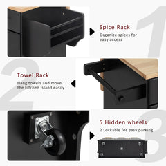 Bellemave® 59.3" Kitchen Island with Storage 2 Pull Out Cabinet Organizers & Rubber Wood Drop Leaf, Trash Can Storage, Power Outlet, Spice & Towel Rack - Bellemave
