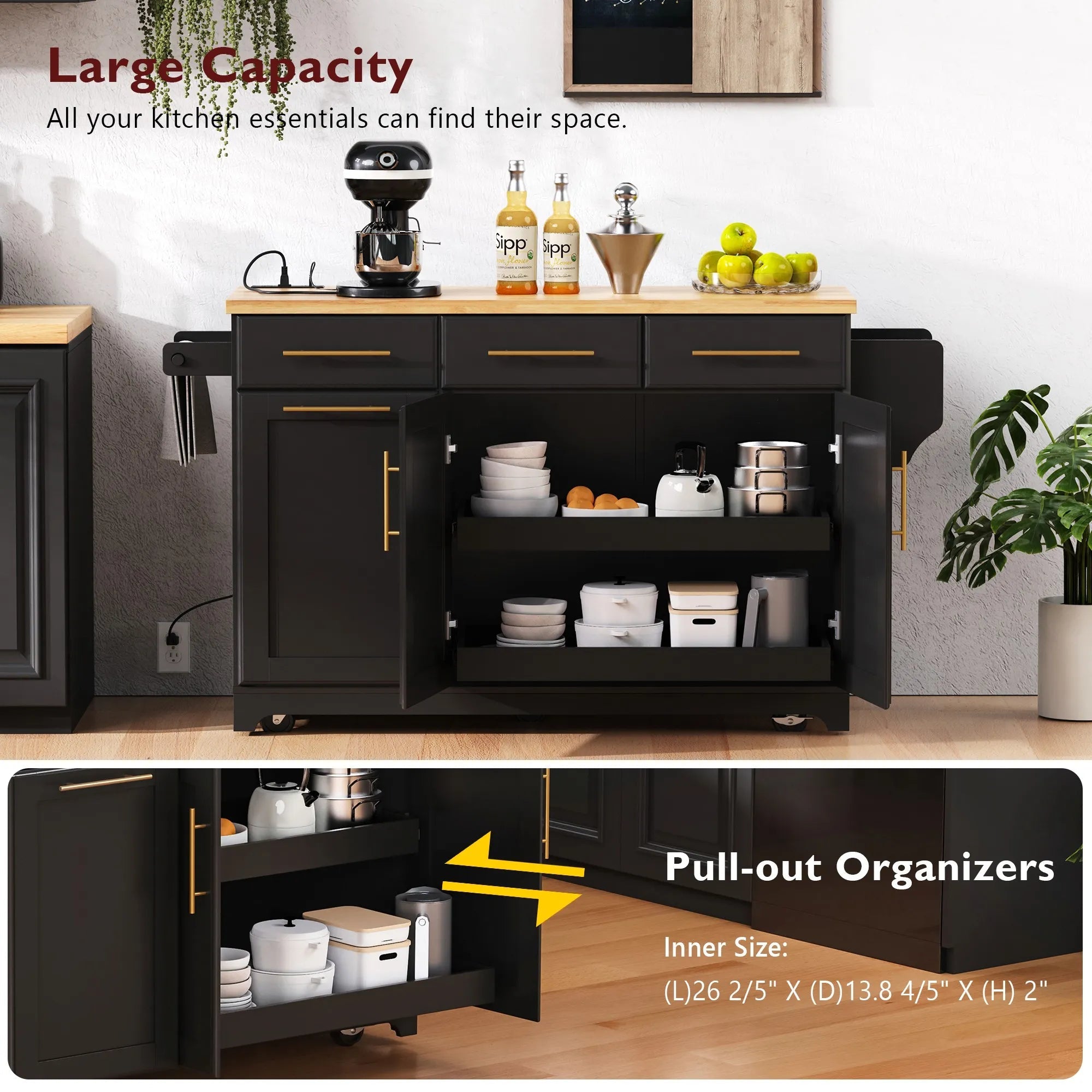 Bellemave® 59.3" Kitchen Island with Storage 2 Pull Out Cabinet Organizers & Rubber Wood Drop Leaf, Trash Can Storage, Power Outlet, Spice & Towel Rack - Bellemave