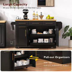 Bellemave® 59.3" Kitchen Island with Storage 2 Pull Out Cabinet Organizers & Rubber Wood Drop Leaf, Trash Can Storage, Power Outlet, Spice & Towel Rack - Bellemave