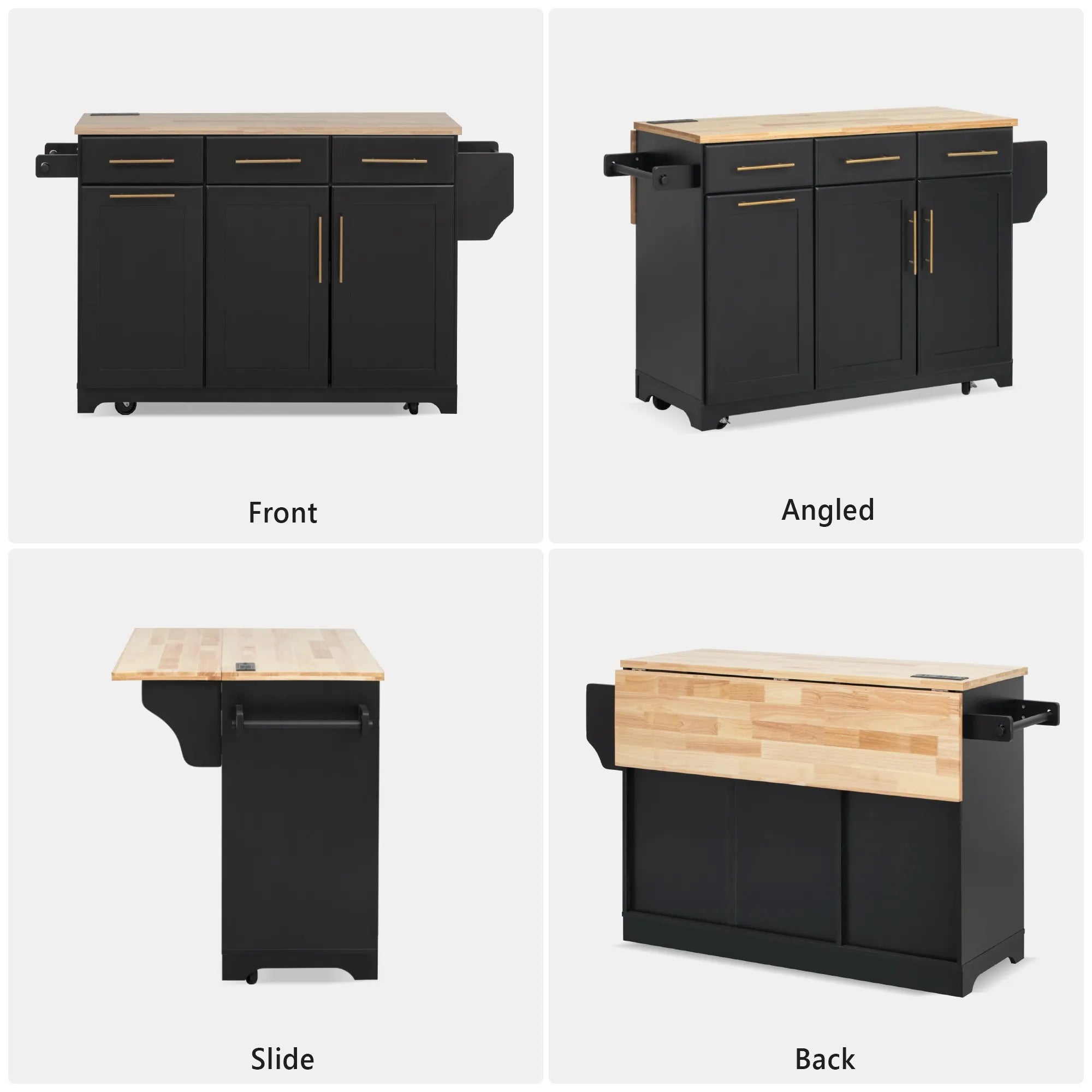 Bellemave® 59.3" Kitchen Island with Storage 2 Pull Out Cabinet Organizers & Rubber Wood Drop Leaf, Trash Can Storage, Power Outlet, Spice & Towel Rack - Bellemave