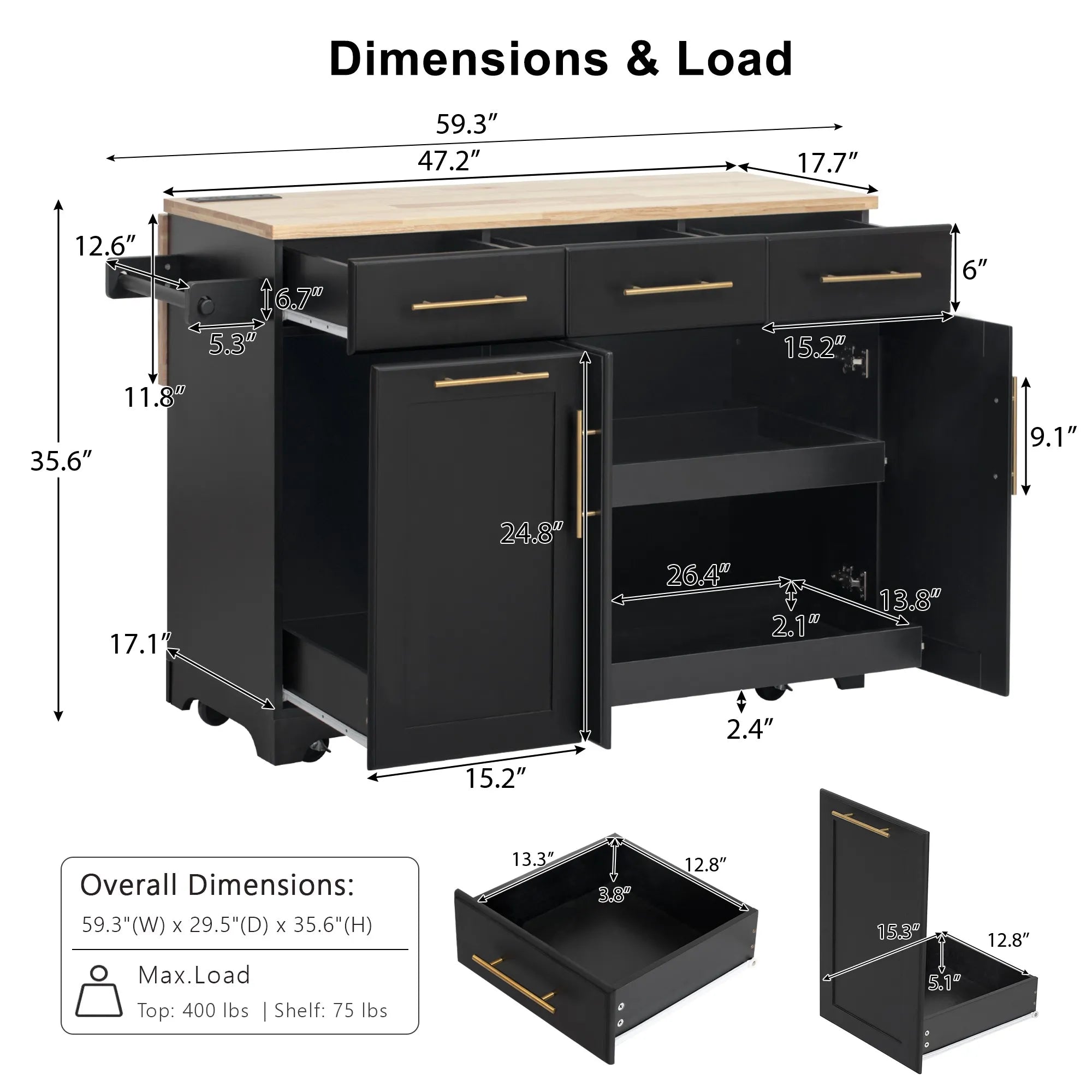 Bellemave® 59.3" Kitchen Island with Storage 2 Pull Out Cabinet Organizers & Rubber Wood Drop Leaf, Trash Can Storage, Power Outlet, Spice & Towel Rack - Bellemave