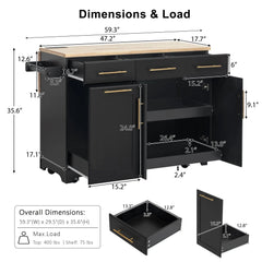 Bellemave® 59.3" Kitchen Island with Storage 2 Pull Out Cabinet Organizers & Rubber Wood Drop Leaf, Trash Can Storage, Power Outlet, Spice & Towel Rack - Bellemave