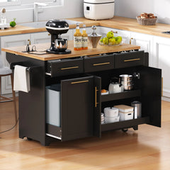 Bellemave® 59.3" Kitchen Island with Storage 2 Pull Out Cabinet Organizers & Rubber Wood Drop Leaf, Trash Can Storage, Power Outlet, Spice & Towel Rack - Bellemave