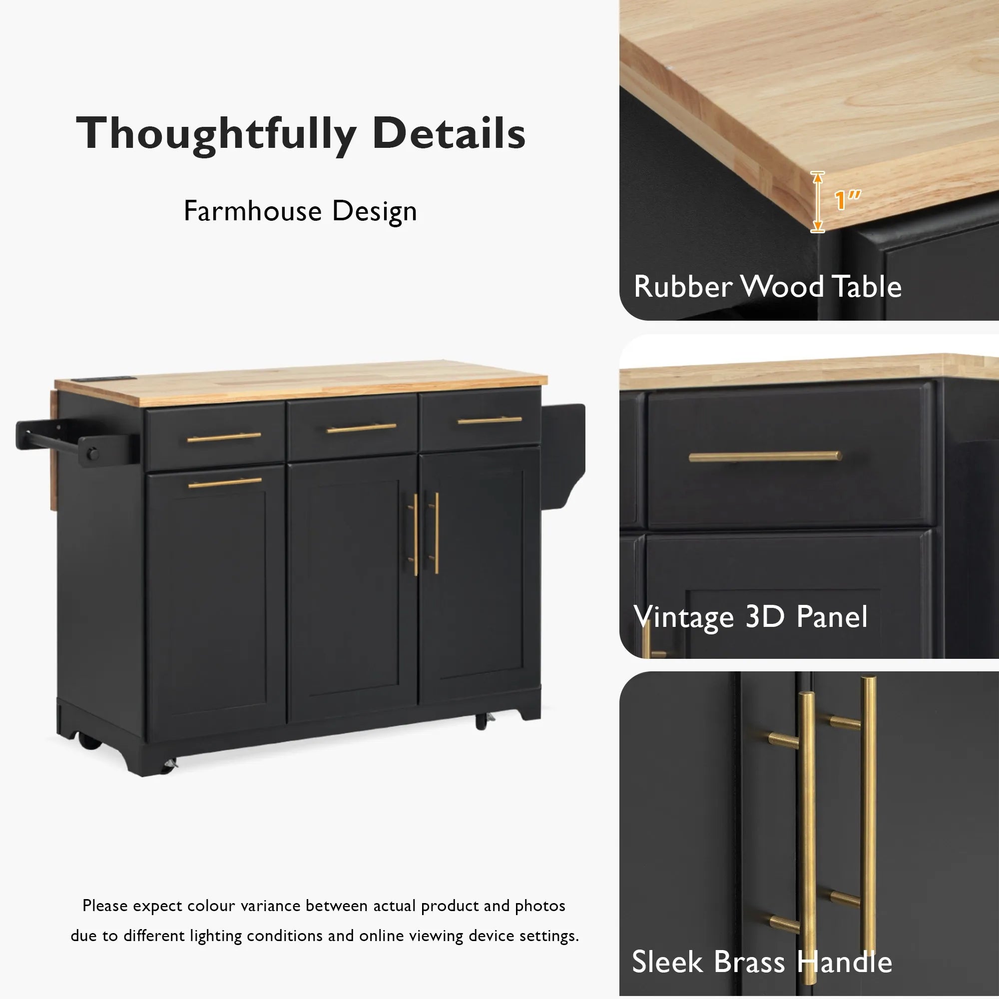 Bellemave® 59.3" Kitchen Island with Storage 2 Pull Out Cabinet Organizers & Rubber Wood Drop Leaf, Trash Can Storage, Power Outlet, Spice & Towel Rack - Bellemave