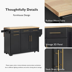 Bellemave® 59.3" Kitchen Island with Storage 2 Pull Out Cabinet Organizers & Rubber Wood Drop Leaf, Trash Can Storage, Power Outlet, Spice & Towel Rack - Bellemave