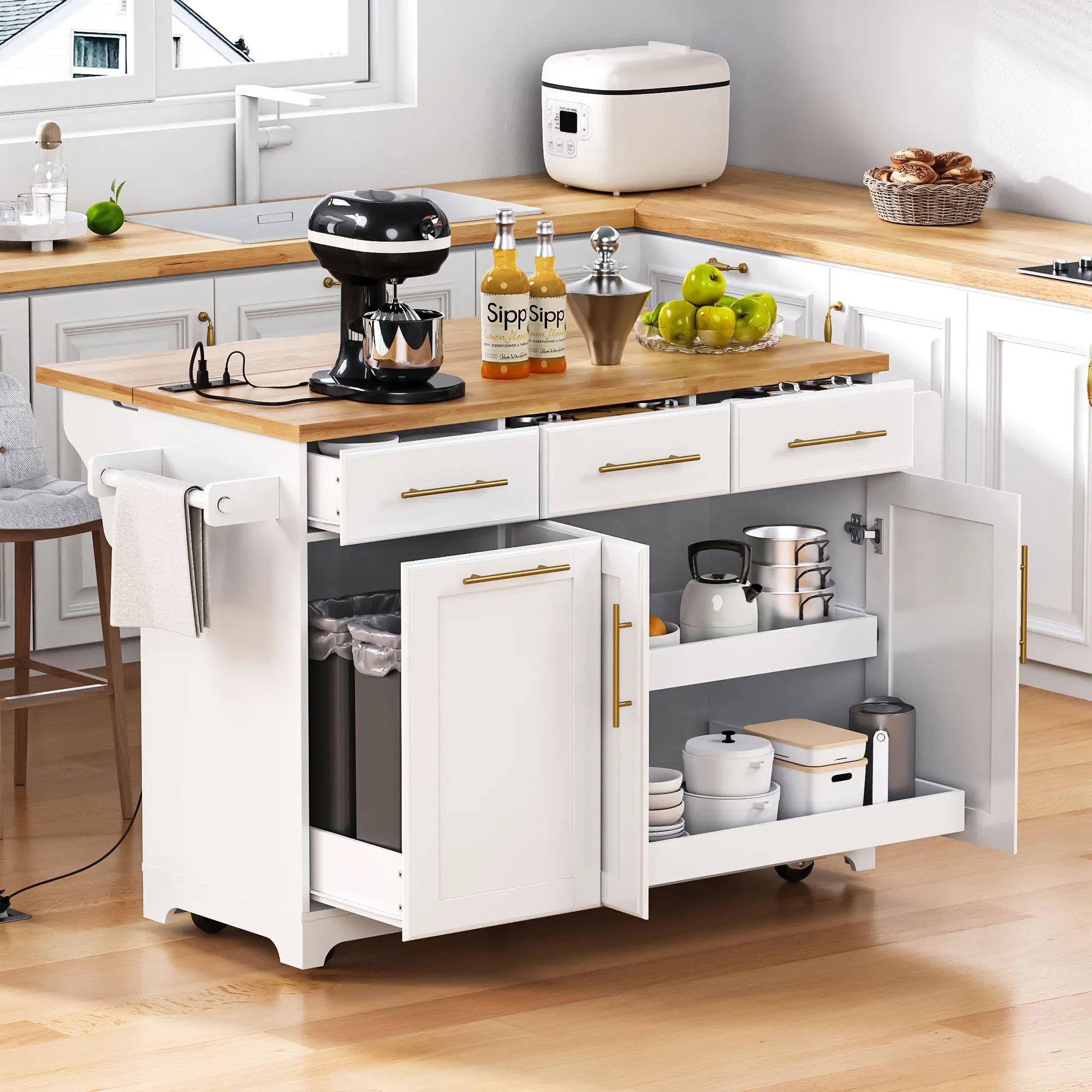Bellemave® 59.3" Kitchen Island with Storage 2 Pull Out Cabinet Organizers & Rubber Wood Drop Leaf, Trash Can Storage, Power Outlet, Spice & Towel Rack - Bellemave