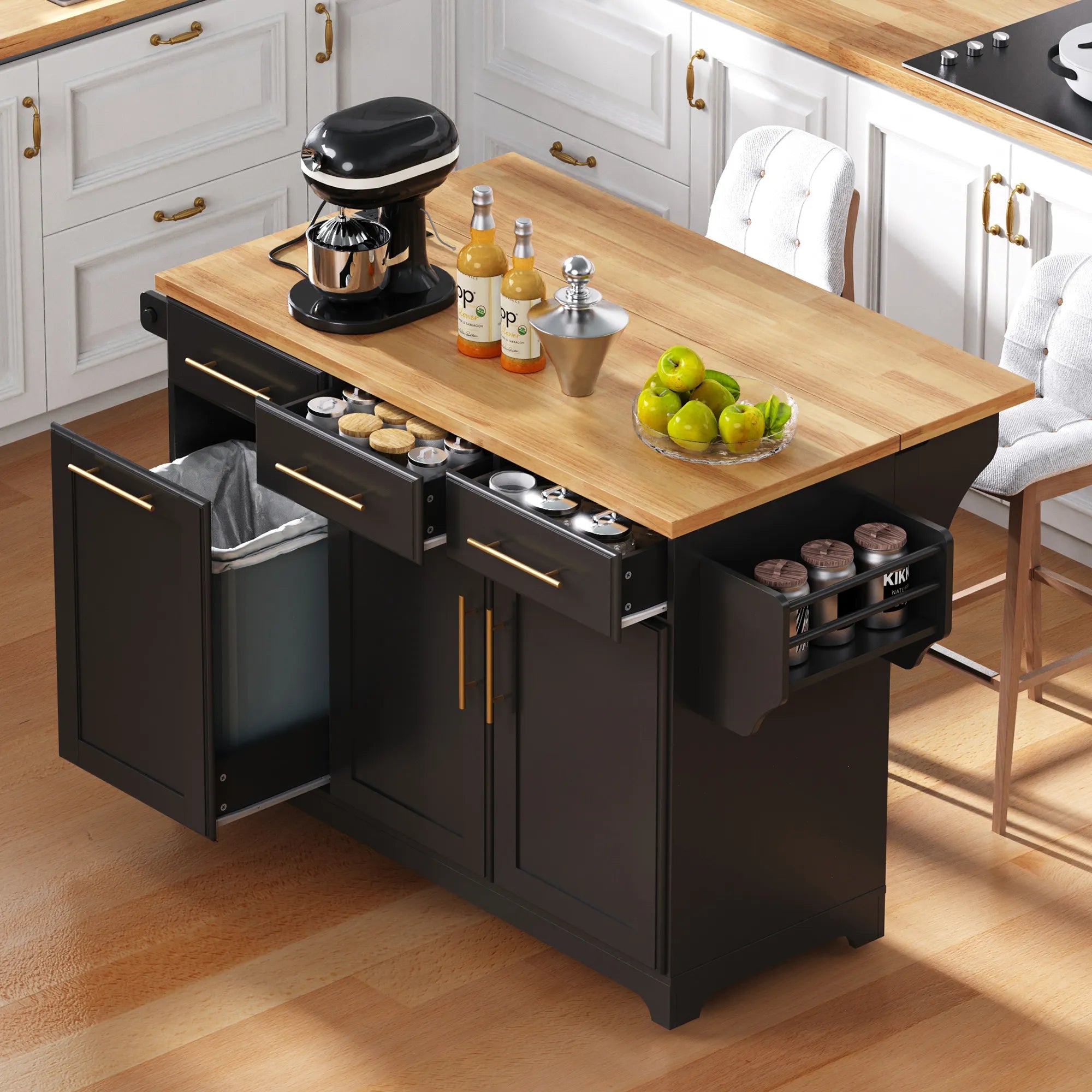Bellemave® 59.3" Kitchen Island with Storage 2 Pull Out Cabinet Organizers & Rubber Wood Drop Leaf, Trash Can Storage, Power Outlet, Spice & Towel Rack - Bellemave