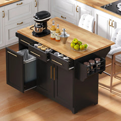 Bellemave® 59.3" Kitchen Island with Storage 2 Pull Out Cabinet Organizers & Rubber Wood Drop Leaf, Trash Can Storage, Power Outlet, Spice & Towel Rack - Bellemave