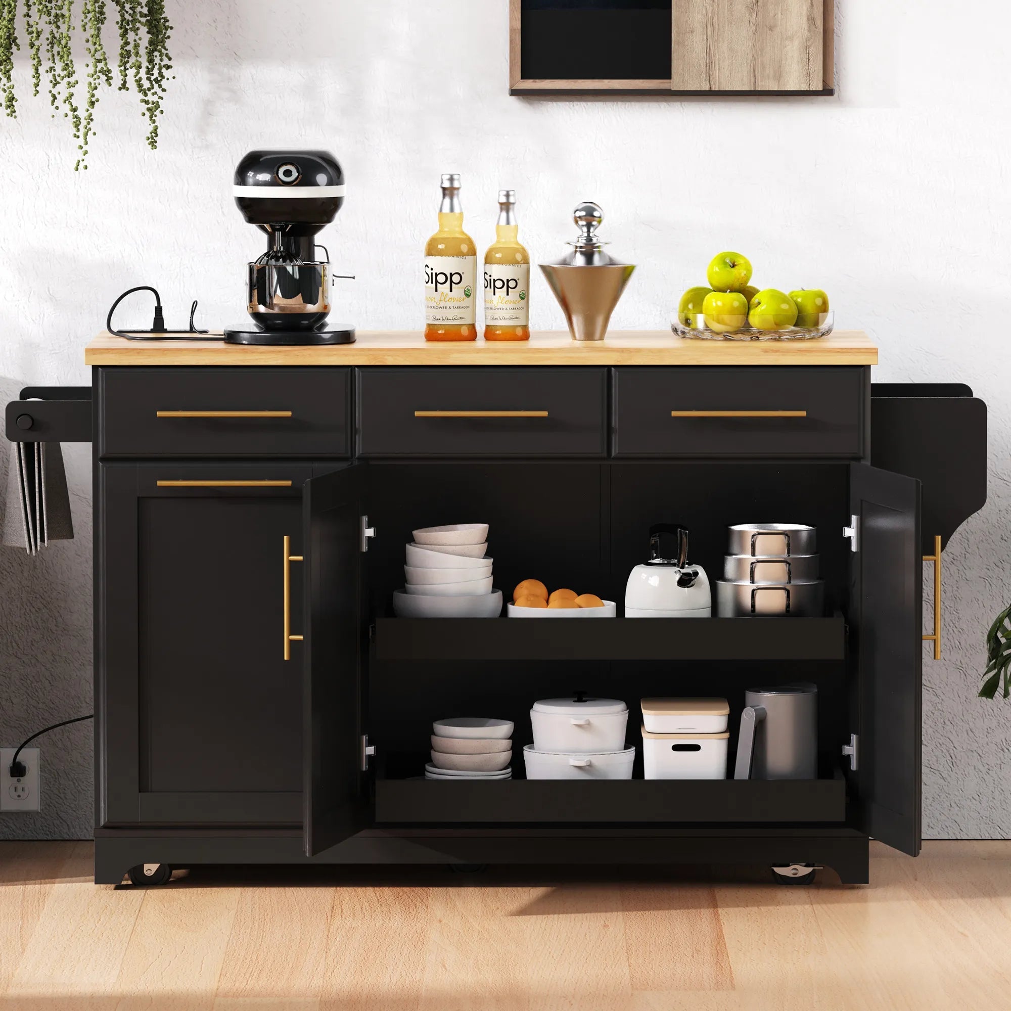 Bellemave® 59.3" Kitchen Island with Storage 2 Pull Out Cabinet Organizers & Rubber Wood Drop Leaf, Trash Can Storage, Power Outlet, Spice & Towel Rack - Bellemave