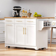 Bellemave® 59.3" Kitchen Island with Storage 2 Pull Out Cabinet Organizers & Rubber Wood Drop Leaf, Trash Can Storage, Power Outlet, Spice & Towel Rack - Bellemave