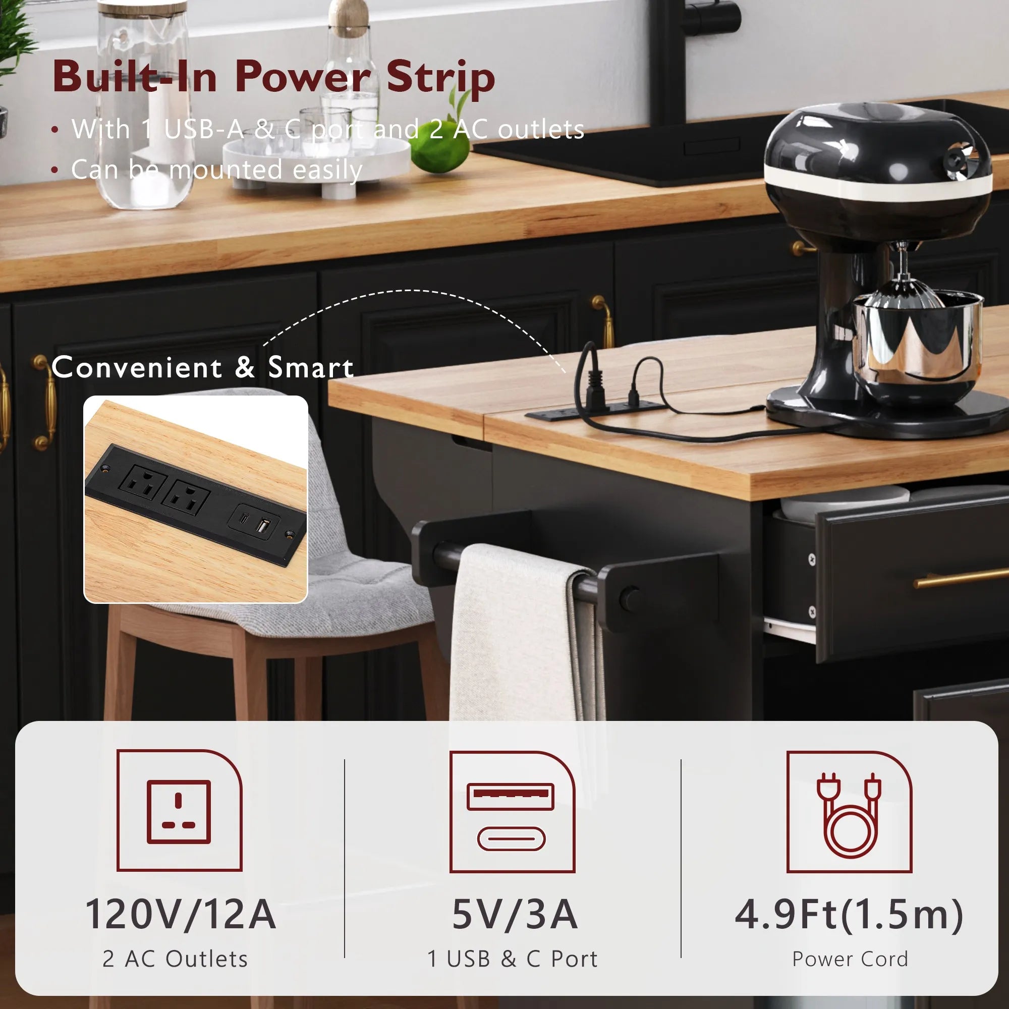 Bellemave® 59.3" Kitchen Island with Storage 2 Pull Out Cabinet Organizers & Rubber Wood Drop Leaf, Trash Can Storage, Power Outlet, Spice & Towel Rack - Bellemave