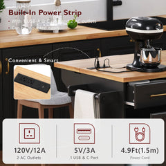Bellemave® 59.3" Kitchen Island with Storage 2 Pull Out Cabinet Organizers & Rubber Wood Drop Leaf, Trash Can Storage, Power Outlet, Spice & Towel Rack - Bellemave