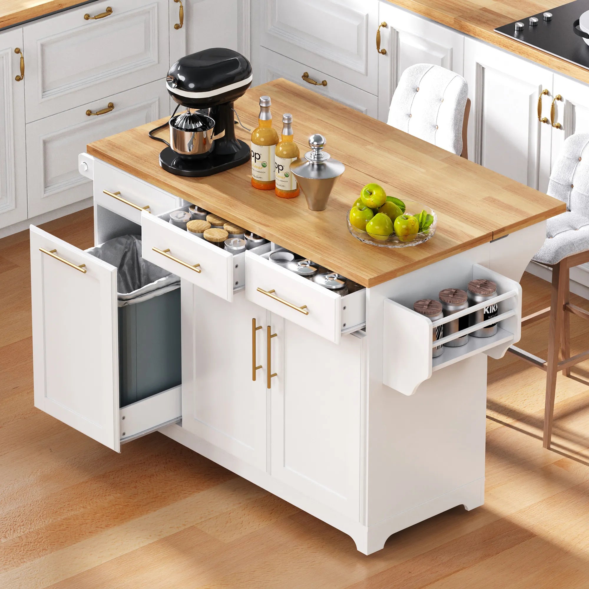 Bellemave® 59.3" Kitchen Island with Storage 2 Pull Out Cabinet Organizers & Rubber Wood Drop Leaf, Trash Can Storage, Power Outlet, Spice & Towel Rack - Bellemave