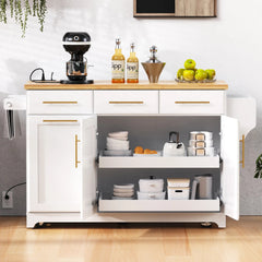 Bellemave® 59.3" Kitchen Island with Storage 2 Pull Out Cabinet Organizers & Rubber Wood Drop Leaf, Trash Can Storage, Power Outlet, Spice & Towel Rack - Bellemave