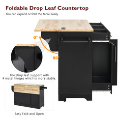 Bellemave® 59.3" Kitchen Island with Storage 2 Pull Out Cabinet Organizers & Rubber Wood Drop Leaf, Trash Can Storage, Power Outlet, Spice & Towel Rack - Bellemave