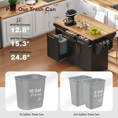 Bellemave® 59.3" Kitchen Island with Storage 2 Pull Out Cabinet Organizers & Rubber Wood Drop Leaf, Trash Can Storage, Power Outlet, Spice & Towel Rack - Bellemave