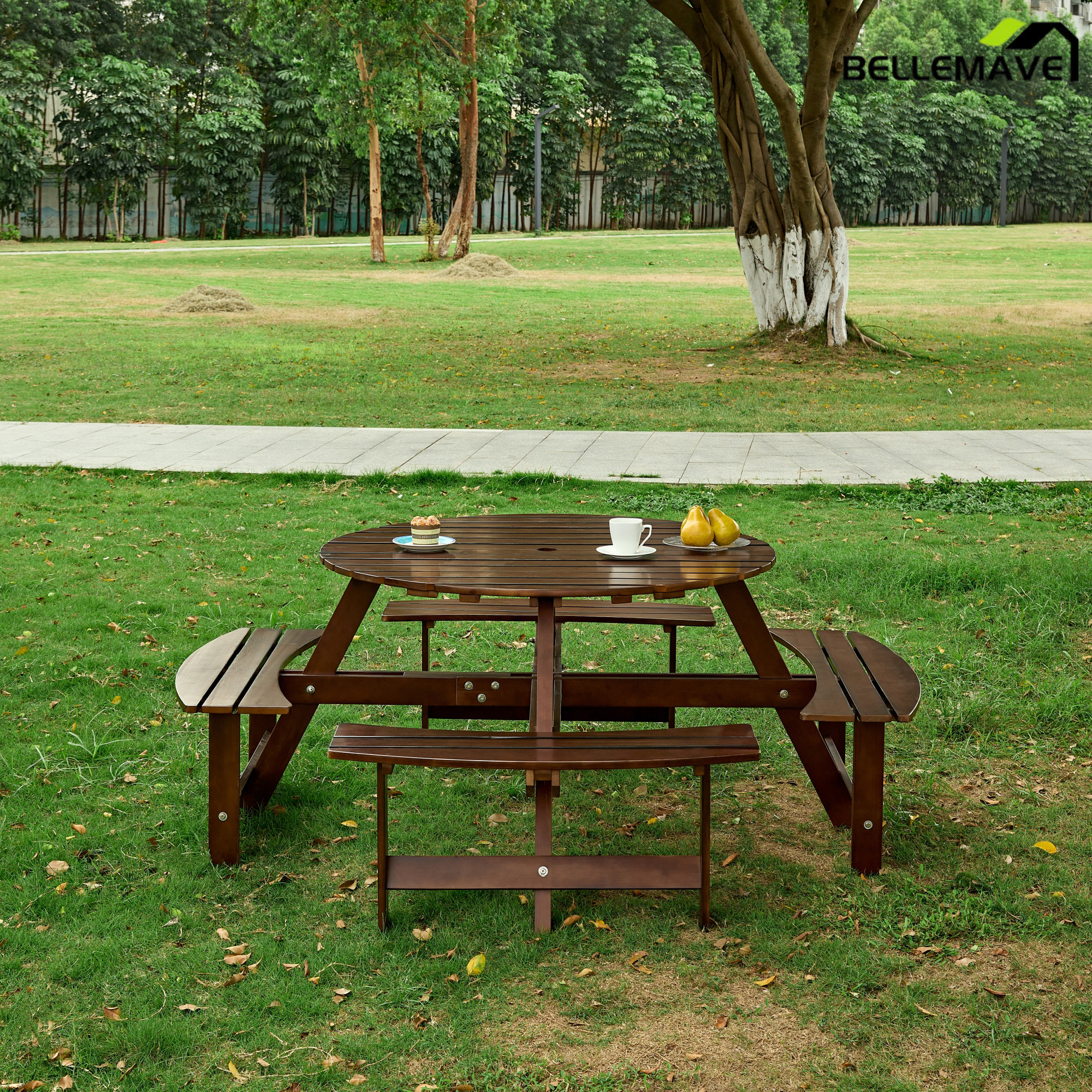 Bellemave® 6 Person Round Wooden Picnic Table with 3 Built - in Benches & Umbrella Hole - Bellemave