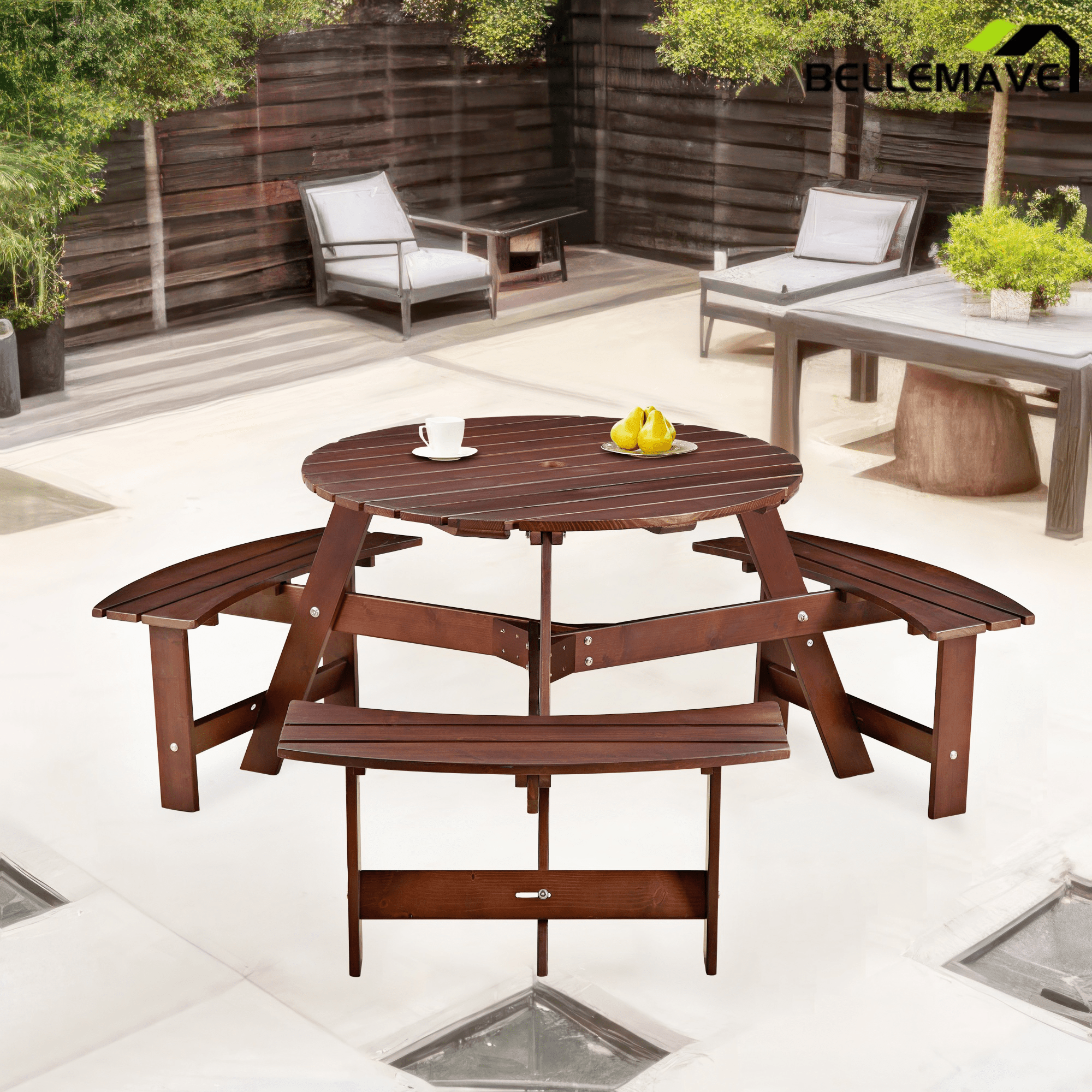 Bellemave® 6 Person Round Wooden Picnic Table with 3 Built - in Benches & Umbrella Hole - Bellemave