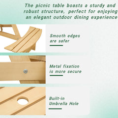 Bellemave® 6 Person Round Wooden Picnic Table with 3 Built - in Benches & Umbrella Hole - Bellemave