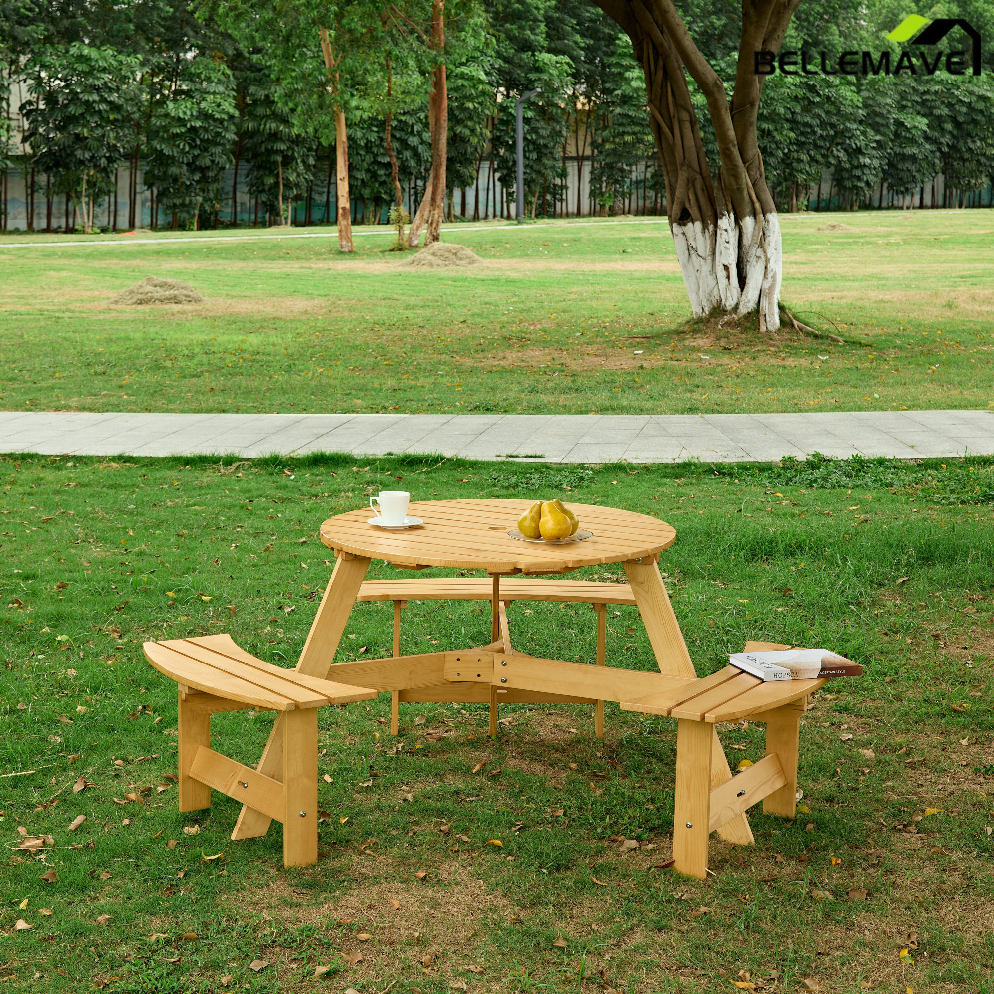 Bellemave® 6 Person Round Wooden Picnic Table with 3 Built - in Benches & Umbrella Hole - Bellemave