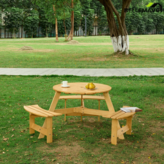 Bellemave® 6 Person Round Wooden Picnic Table with 3 Built - in Benches & Umbrella Hole - Bellemave