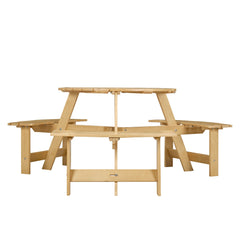 Bellemave® 6 Person Round Wooden Picnic Table with 3 Built - in Benches & Umbrella Hole - Bellemave