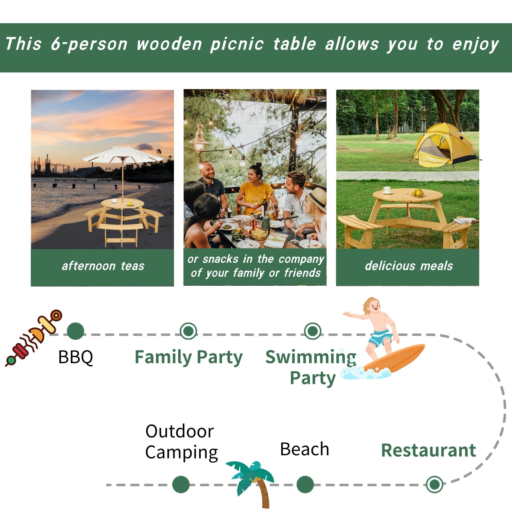 Bellemave® 6 Person Round Wooden Picnic Table with 3 Built - in Benches & Umbrella Hole - Bellemave