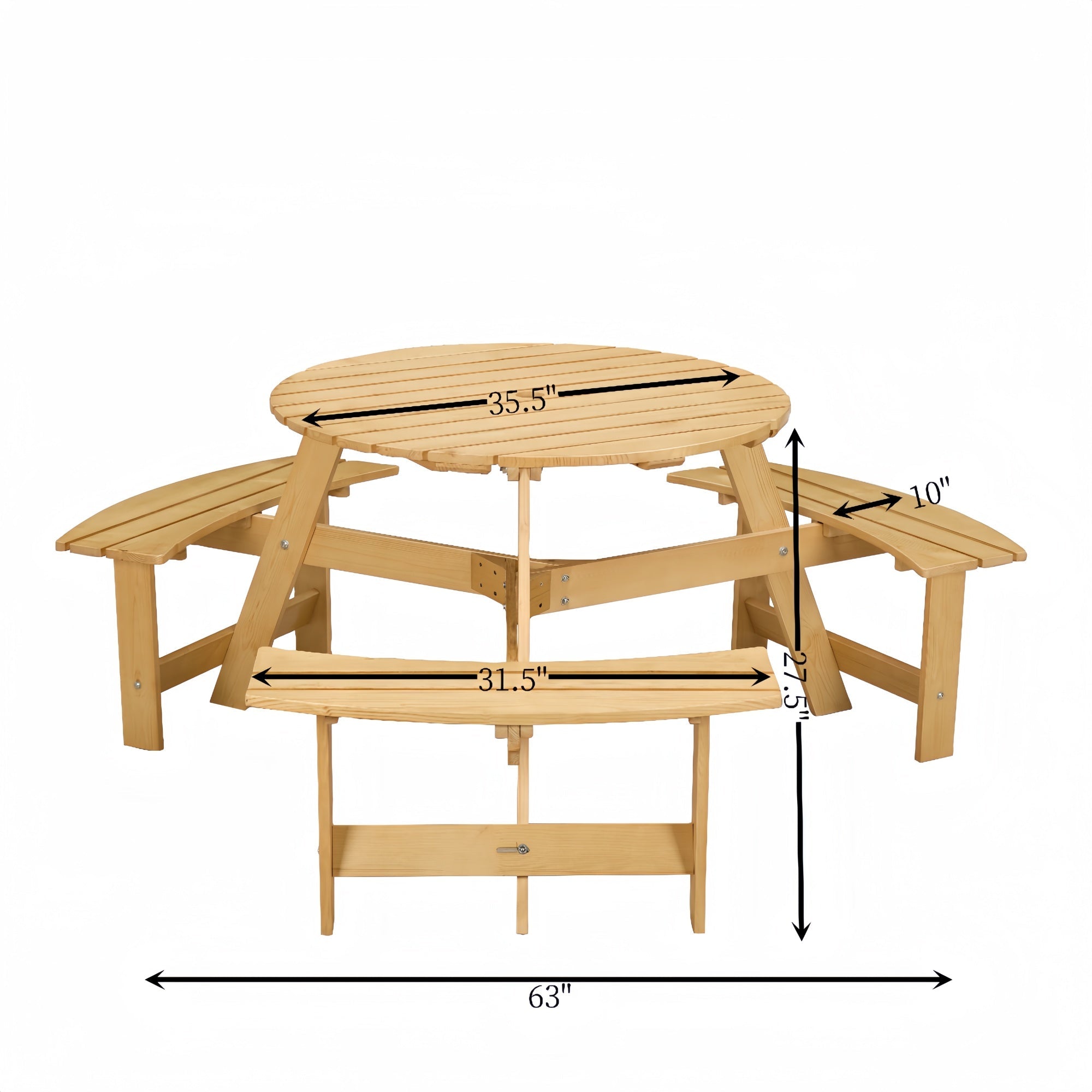 Bellemave® 6 Person Round Wooden Picnic Table with 3 Built - in Benches & Umbrella Hole - Bellemave