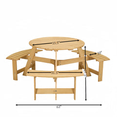 Bellemave® 6 Person Round Wooden Picnic Table with 3 Built - in Benches & Umbrella Hole - Bellemave