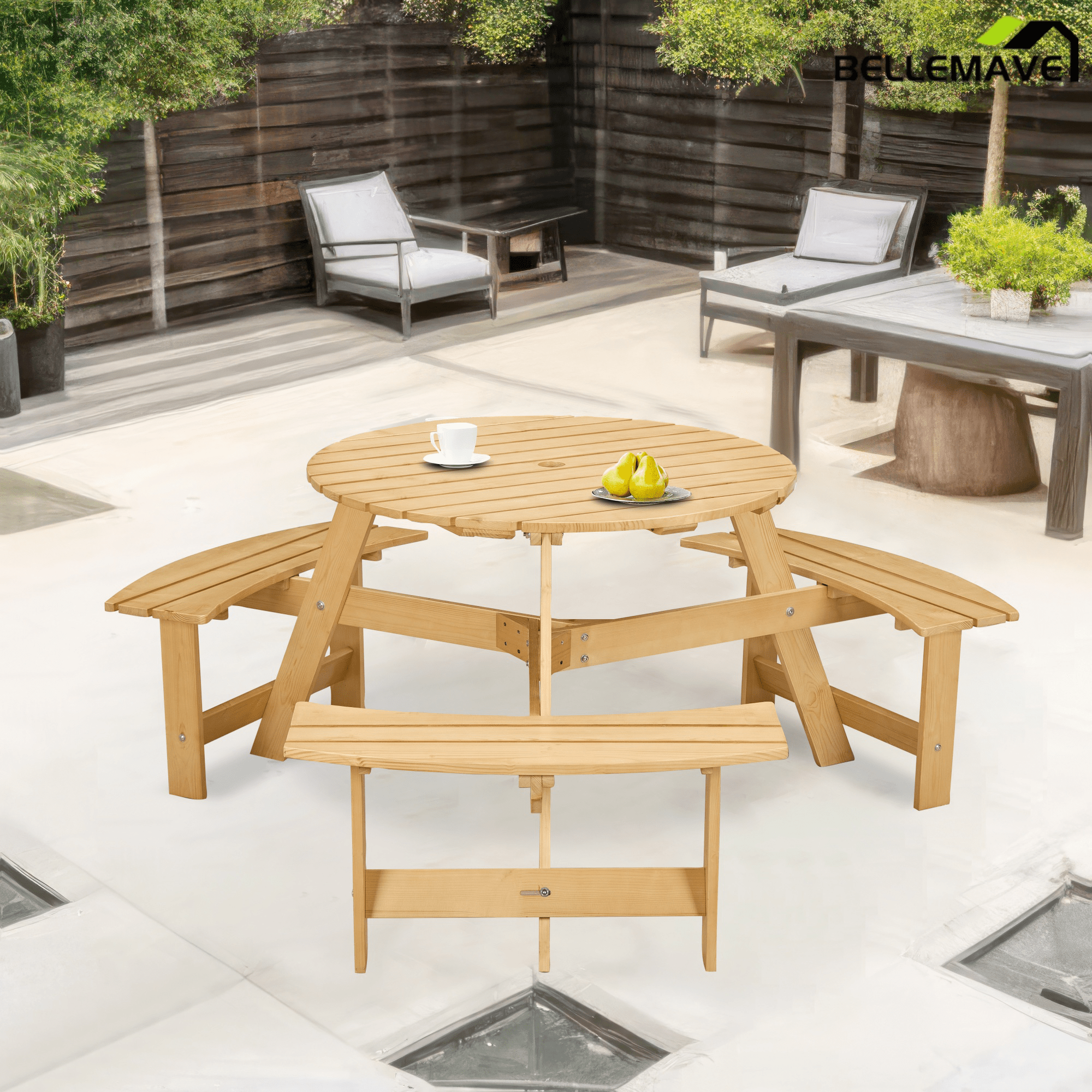 Bellemave® 6 Person Round Wooden Picnic Table with 3 Built - in Benches & Umbrella Hole - Bellemave