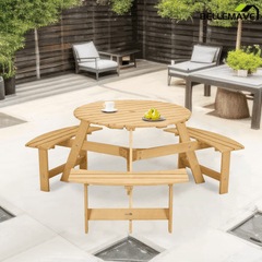 Bellemave® 6 Person Round Wooden Picnic Table with 3 Built - in Benches & Umbrella Hole - Bellemave