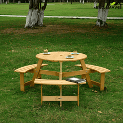Bellemave® 6 Person Round Wooden Picnic Table with 3 Built - in Benches & Umbrella Hole - Bellemave