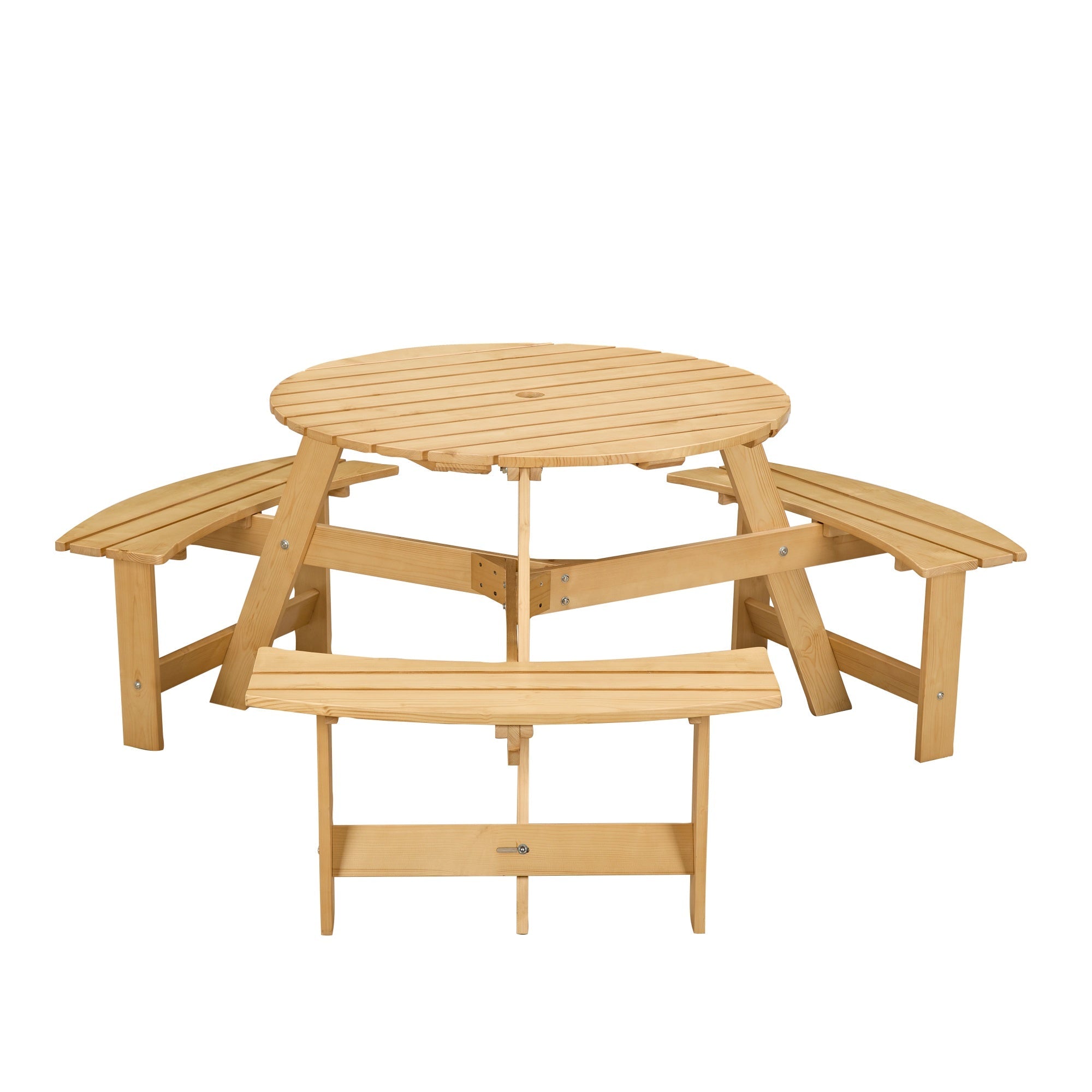 Bellemave® 6 Person Round Wooden Picnic Table with 3 Built - in Benches & Umbrella Hole - Bellemave