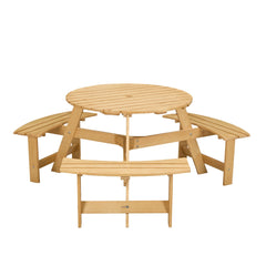 Bellemave® 6 Person Round Wooden Picnic Table with 3 Built - in Benches & Umbrella Hole - Bellemave