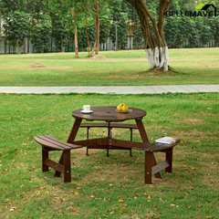 Bellemave® 6 Person Round Wooden Picnic Table with 3 Built - in Benches & Umbrella Hole - Bellemave