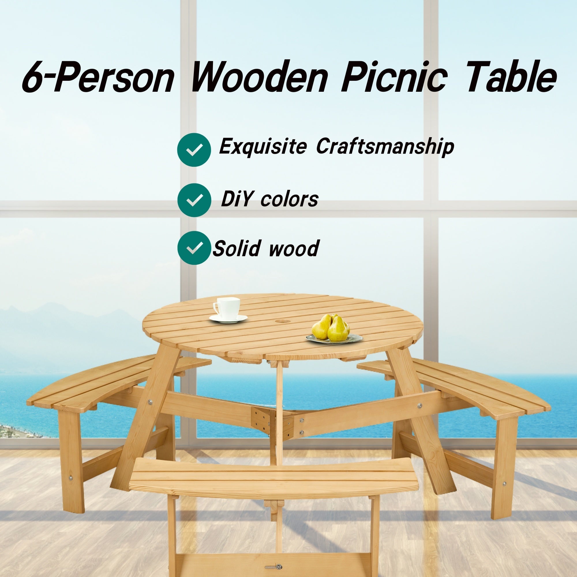 Bellemave® 6 Person Round Wooden Picnic Table with 3 Built - in Benches & Umbrella Hole - Bellemave