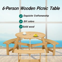 Bellemave® 6 Person Round Wooden Picnic Table with 3 Built - in Benches & Umbrella Hole - Bellemave