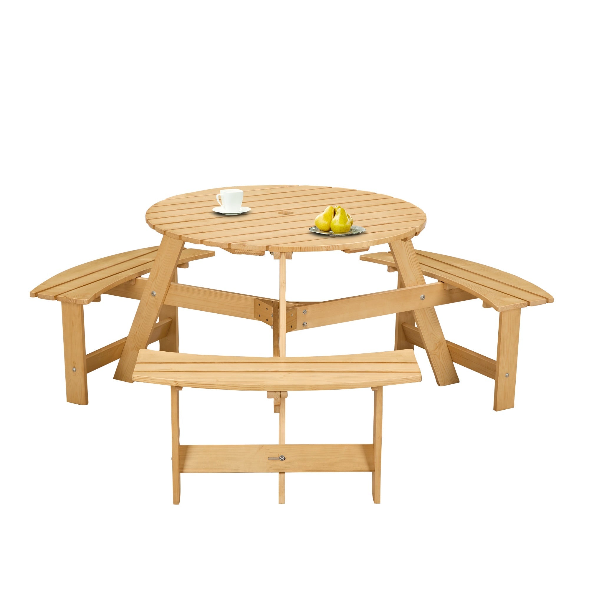 Bellemave® 6 Person Round Wooden Picnic Table with 3 Built - in Benches & Umbrella Hole - Bellemave
