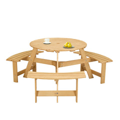 Bellemave® 6 Person Round Wooden Picnic Table with 3 Built - in Benches & Umbrella Hole - Bellemave